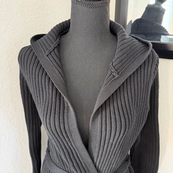 VINTAGE Y2K Black Ribbed Hooded Duster Cardigan Sweater Small - Picture 7 of 11
